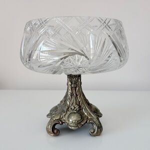 Vintage Crystal Compote Bowl Ornate Bronze Pedestal Base Hollywood Regency MCM